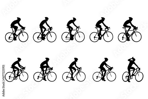 Collection of black silhouettes illustrating a cyclist's pedaling motion on a road bicycle. Vector graphic showing the complete cycle animation for sports and fitness concepts