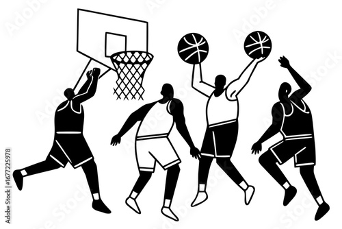 Dynamic black and white line art illustration of basketball players in a competitive game, showing a slam dunk attempt and rebound action