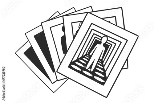 Monochrome illustration of fanned out photographs, with one depicting a human silhouette entering an endless corridor, symbolizing life's journey and potential futures
