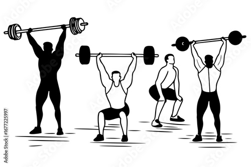 Diverse group of men performing weightlifting exercises, capturing the dynamic essence of strength training and fitness routines
