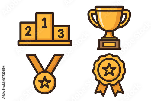 Winner podium, trophy cup, medal, and award ribbon vector icon set. First place, champion, and success symbols for competition, contest, or ranking. Victory achievement concept.