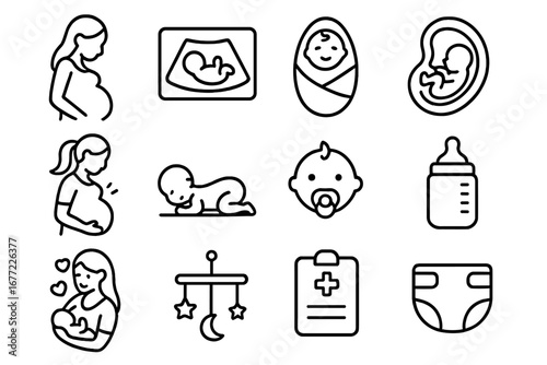 Pregnancy and maternity line icon set. Newborn baby care, motherhood and healthcare symbols. Vector icons of pregnant woman, ultrasound, fetus, infant, bottle, and diaper.