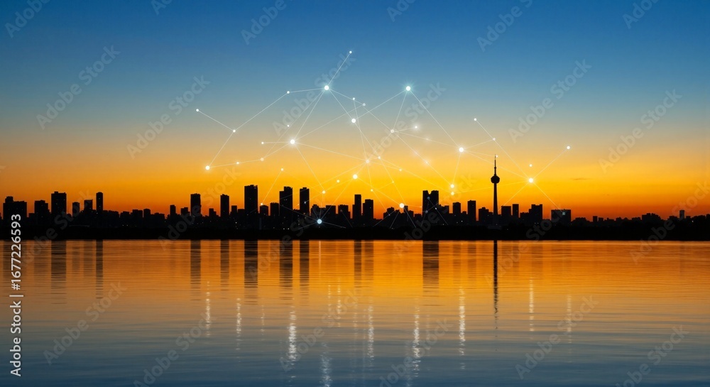 Fototapeta premium Stunning city skyline at dusk with futuristic digital network connecting urban centers, reflecting a vibrant metropolis over serene water, symbolizing global connectivity and technological advancement