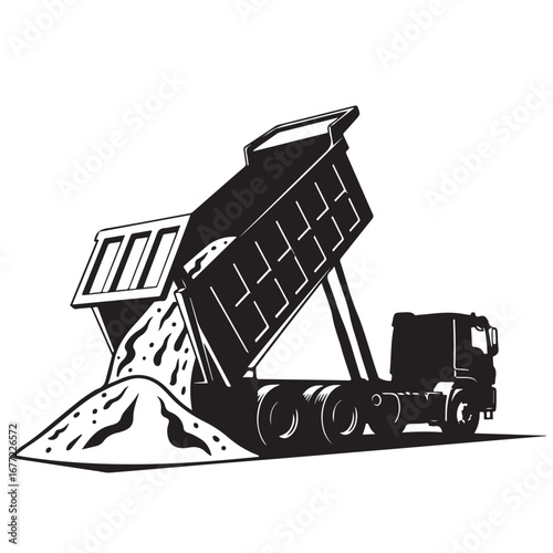 Black and White Illustration of a Dump Truck Tipping Material to Create a Pile