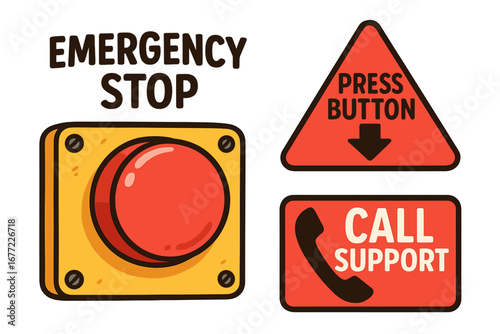 Emergency stop button vector illustration set. Red warning press button, alert signal, and call support icon. Safety, danger, and industrial control panel concept isolated.