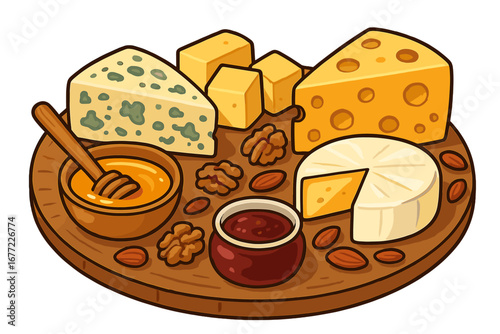 Cheese platter assortment with brie, blue cheese, and swiss. Gourmet charcuterie board with honey, jam, and nuts. Vector cartoon illustration for delicatessen menu or snack concept.
