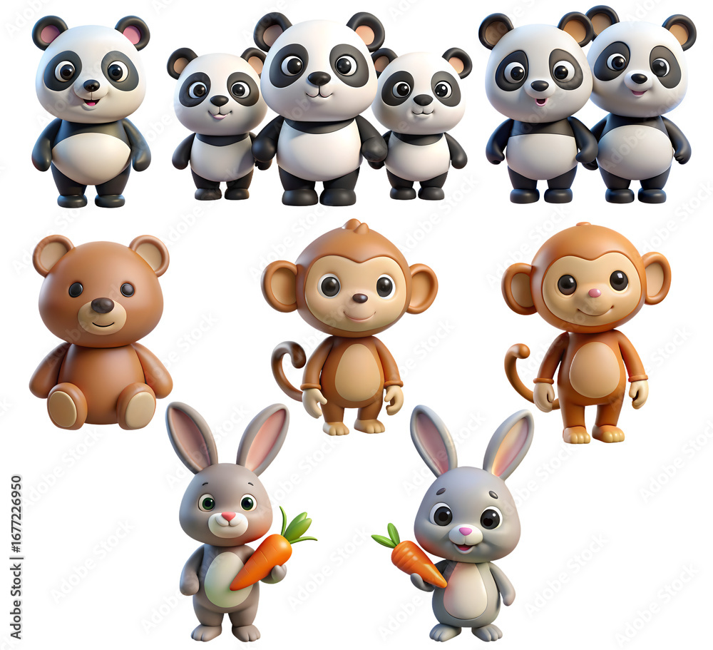 Obraz premium Adorable cartoon animal characters including pandas, bears, monkeys, and bunnies, perfect for kids isolated on Transparent Background