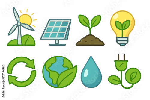 Green energy and ecology icon set. Sustainable development symbols. Vector illustration of renewable power, recycling, and environmental conservation concepts for a clean future.