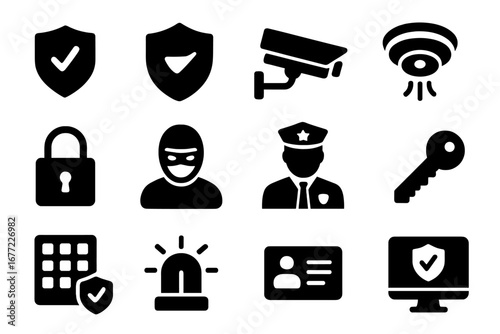 Security and surveillance solid icon set. Safety, protection, and crime vector glyphs. Police, CCTV, thief, alarm, padlock, ID card, key, and cybersecurity symbols.