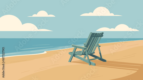  Empty wooden lounge chair facing calm ocean under clear sky — peaceful beach scene evoking solitude, relaxation, and vacation escape