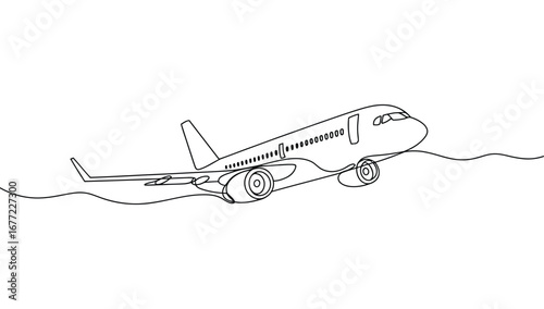 Minimalist line drawing of commercial airplane taking off above wavy ground — clean black and white aviation sketch with upward motion 