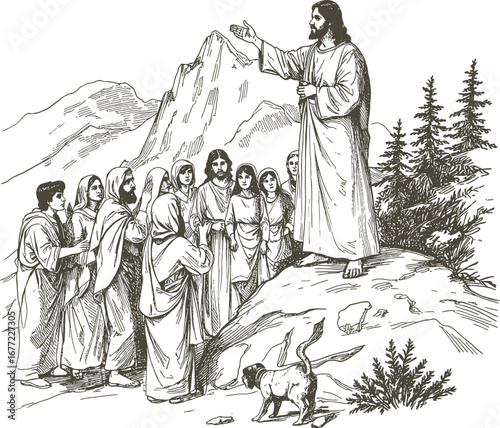 A vintage engraving style illustration of Jesus teaching parables to a crowd on a mountainside. Detailed hand-drawn ink sketch with delicate cross-hatching and authentic paper texture.
