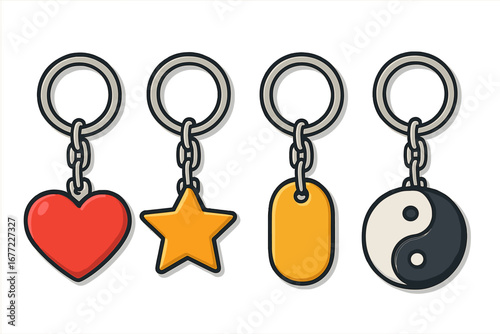 Keychain vector icon collection. Keyring with various charms. Heart, star, yin yang symbol, and blank tag. Souvenir or gift concept. Flat cartoon illustration for design.