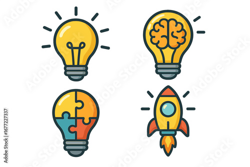 Set of light bulb icons for creativity and innovation. Brainstorming, problem solving with puzzle, startup launch rocket. Concept idea. Vector illustration business symbol.