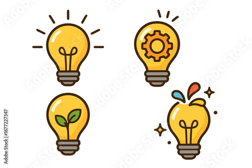 Light bulb vector icon set. Concepts for idea, innovation, creativity, green energy. Flat cartoon lamps with gear for technology, plant for ecology, and splash for inspiration.