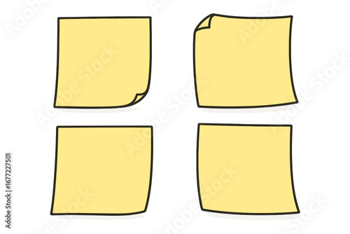 Yellow sticky notes vector illustration set. Hand-drawn cartoon doodle style post-it note collection. Blank paper memo reminder stickers. Office and school note paper mockup.