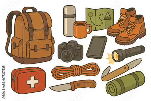 Hiking and camping equipment set. Outdoor adventure travel essentials. Vector illustration of backpack, boots, map, knife, first aid kit. Survival gear for trekking and tourism.
