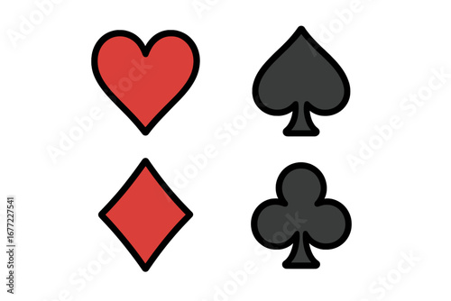 Playing card suits vector icon set. Heart, spade, diamond, and club symbols. Flat cartoon illustration for casino, poker, or gambling game design elements. Isolated concept.