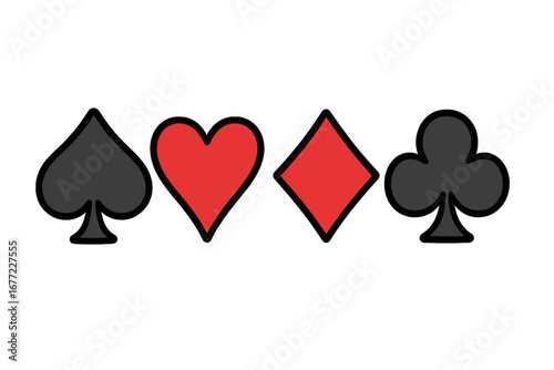 Set of playing card suits symbols. Cartoon vector icons of hearts, spades, diamonds, and clubs. Poker, casino, and gambling game elements. Hand drawn graphic illustration.