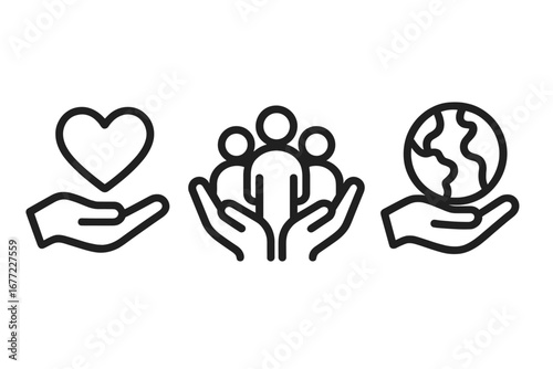 Social responsibility icon set. Community support, charity, and ethics symbols. Global awareness, environment care, and society union concept. Vector line art illustration.