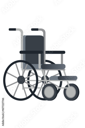 Manual wheelchair with grey seat and black handles. Medical mobility equipment for disabled patients. Rehabilitation aid with large wheels and support. Vector illustration isolated on white