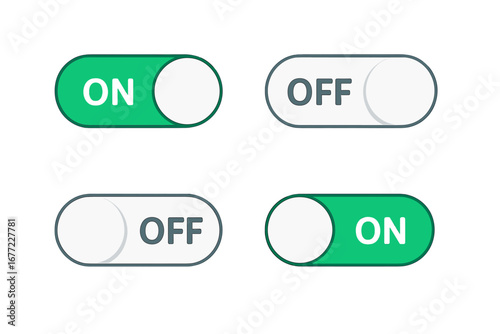 On and Off toggle switch buttons set. UI, UX web element for mobile app and website. Vector icon for interface design. Green active and grey inactive sliders. Enable disable controls.