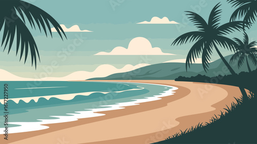  Illustrated tropical beach with palm trees, curved shoreline, pastel waves, and green hills under soft clouds — serene vacation retreat