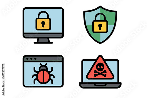 Cybersecurity icon set. Digital protection, privacy and security concept. Computer virus, malware, software bug and hacker attack threat. Vector cartoon flat illustration.
