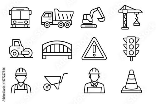 Transportation and construction line icon set. Infrastructure and engineering symbols. Road work, building, and heavy machinery vector elements. Bus, truck, crane, worker.