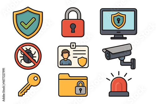 Cybersecurity icon set for data protection and online safety. Vector symbols of security measures like shield, padlock, camera, antivirus, and access control for web design.