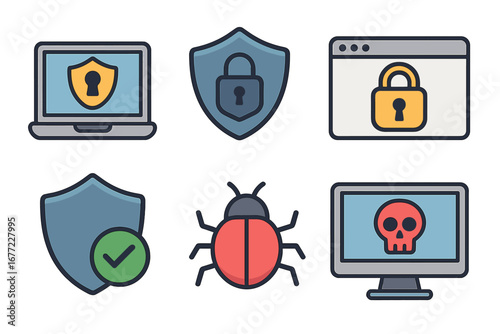 Cyber security icon set. Digital software protection and cyber threats. Vector icons of virus, malware, bug, hacking, shield, lock. Internet data safety technology concept.
