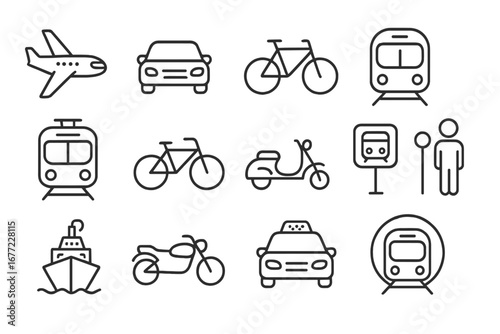 Transportation and public transport outline icon set. Travel and commuting symbols collection. Vector line art pictogram for web and app. Car, train, airplane, ship, bike, taxi.