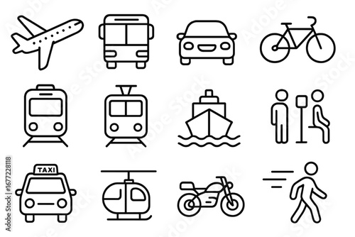 Transportation and public transport outline icon set. Travel and commuting symbols. Car, bus, train, plane, bike, ship, and taxi vehicle vector icons for web and mobile.