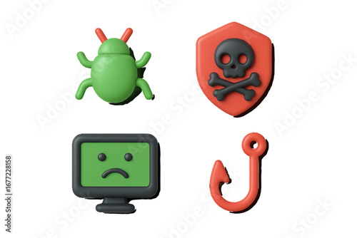 Cybersecurity threat icons: computer bug, skull, sad screen, fishing hook. Modern 3D Icon Set