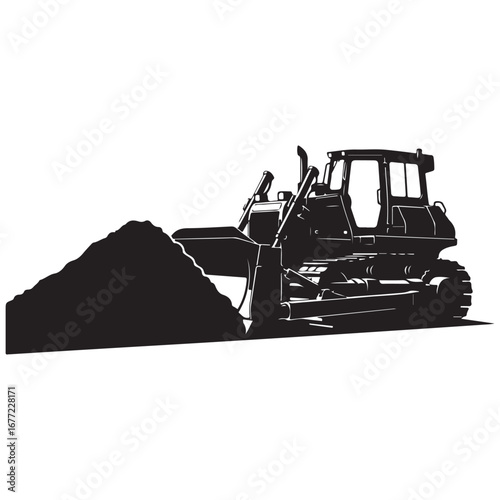 Heavy Construction Bulldozer Pushing Pile of Earth Silhouette