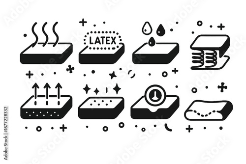 Mattress features icons: latex, comfort, support, breathability, durability. Modern 3D Icon Set