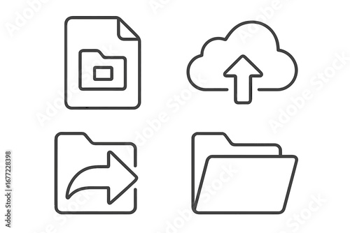 Vector icon set for digital file management. Cloud data upload, file sharing, folder and document concepts. Simple linear outline style pictograms for app, website, UI, UX.