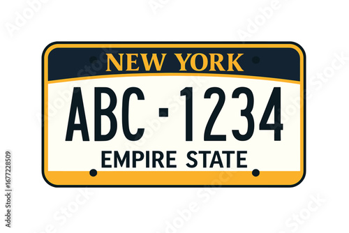 New York vehicle registration license plate. Car number plate from the Empire State. American auto ID with letters and numbers. Flat vector illustration isolated on white.