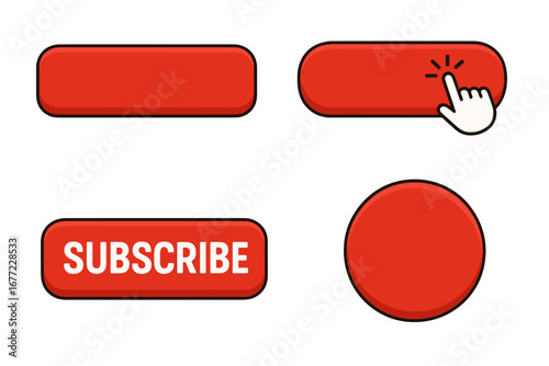 Red buttons vector set isolated for user interface. Subscribe button, click icon with hand cursor, blank round and rectangular elements for website, app, call to action.