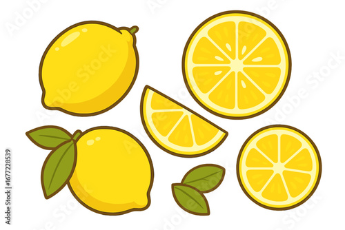 Lemon fruit set vector cartoon illustration. Fresh juicy lemons, citrus slice, and wedge with leaves. Isolated on white for food design, summer concepts, and healthy eating.