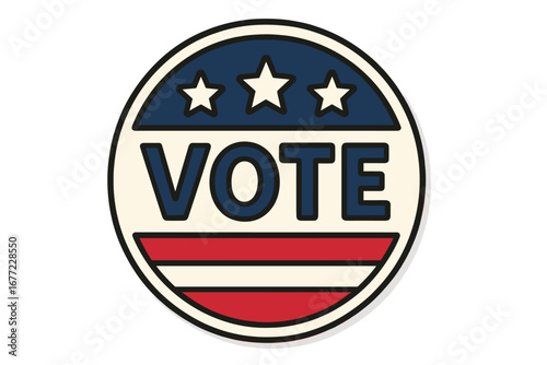 USA vote button vector icon for american political election campaign. Patriotic sticker with stars and stripes. Democracy symbol for presidential voting day. Civic duty concept.