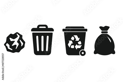 Waste management icon set for eco-friendly solutions. Litter, trash cans, and recycling bin vector symbols. Garbage, rubbish bag and crumpled paper solid icons.