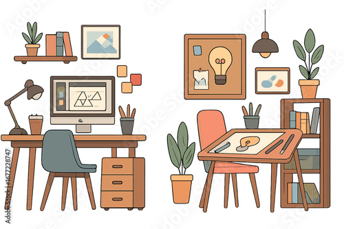 Two modern workspaces set. Graphic designer desk with computer and artist drafting table. Home office, remote work. Creative process, organization, idea concept. Vector illustration.