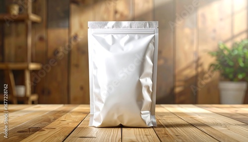Blank silver stand-up pouch with zip lock on a wooden surface with a blurred background of a plant