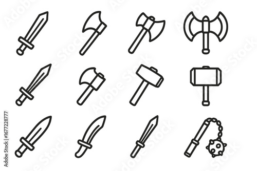 Weaponry line icon set. Medieval fantasy weapon collection with swords, axes, hammers, flail, and dagger. Vector graphic for RPG games, battle, combat, knight, viking.