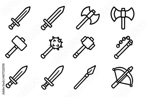 Medieval weapons line icon set. Swords, axes, hammers, maces, flails, spear, crossbow. Black outline vector illustration. Cartoon style battle weapons, transparent background. Armory collection.