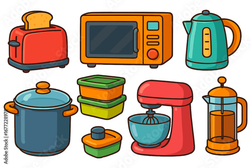 Kitchen appliances set. Cooking equipment collection. Toaster, microwave, kettle, pot, mixer, french press icons. Cartoon vector illustration for home and food preparation.