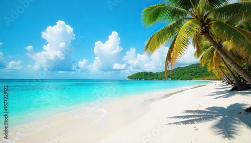 Relaxing beach scene with turquoise water lapping gently on white sand, palm trees swaying in the breeze, sunny day, perfect for a tropical getaway , vibrant, exotic, vacation