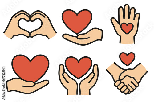 Hand and heart icon set. Love, care, support, and charity concept. Volunteer, donation, and kindness symbol. Relationship, help, and hope gesture. Vector illustration collection.