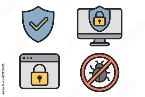 Cybersecurity icon set. Internet security, data protection, and antivirus concepts. Vector icons of shield, padlock, secure browser, and anti-malware symbol for web safety.